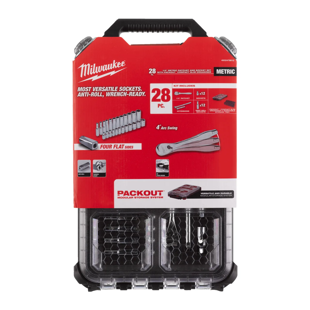 Coffret 28 pièces organiseur slim compact Packout clés et douilles à cliquet ¼″ Ratchet + Socket Set