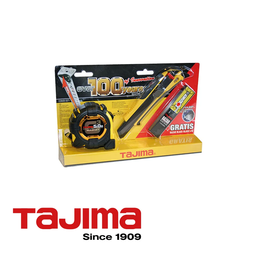 TAJIMA Set - mètre ruban G3-LOCK, 5 m x 27 mm + cutter QUICK BACK, 18 mm + RAZAR BLACK, 10 pc.