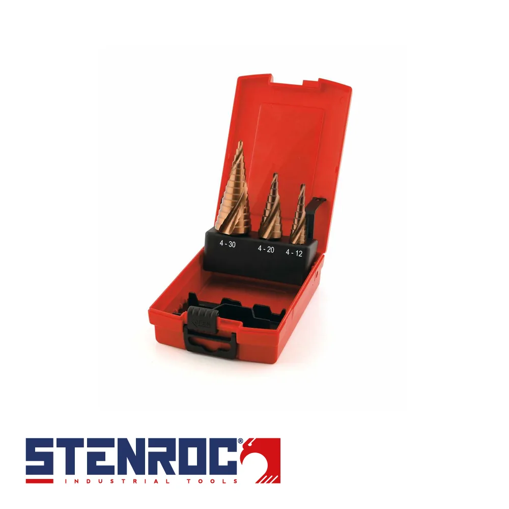STENROC Set de forets étagés - HSS-E, flûtes à spirale, 3 pièces - 4-12, 4-20, 4-30mm