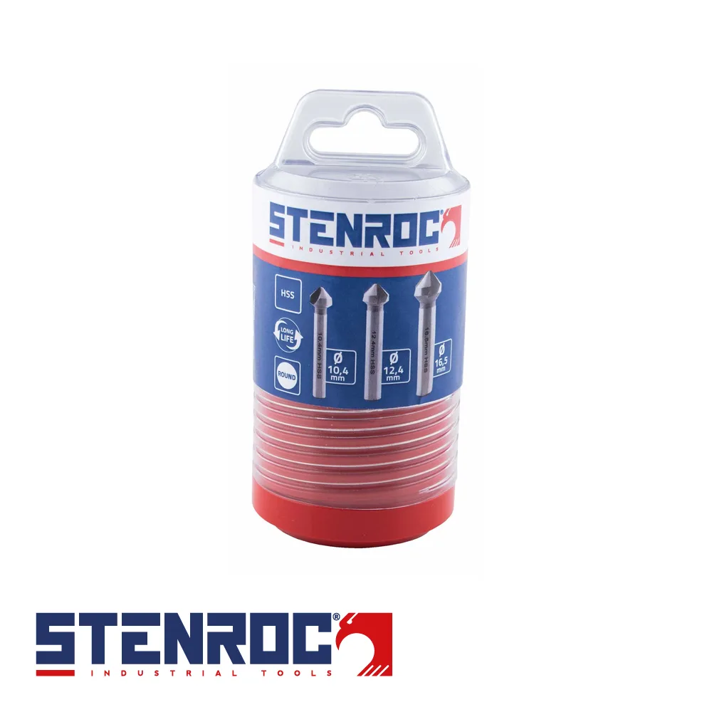 STENROC Set de fraises coniques- HSS DIN 335C, 90°, raccord ronde, 3 pièces - 10,4-12,4-16,5 mm